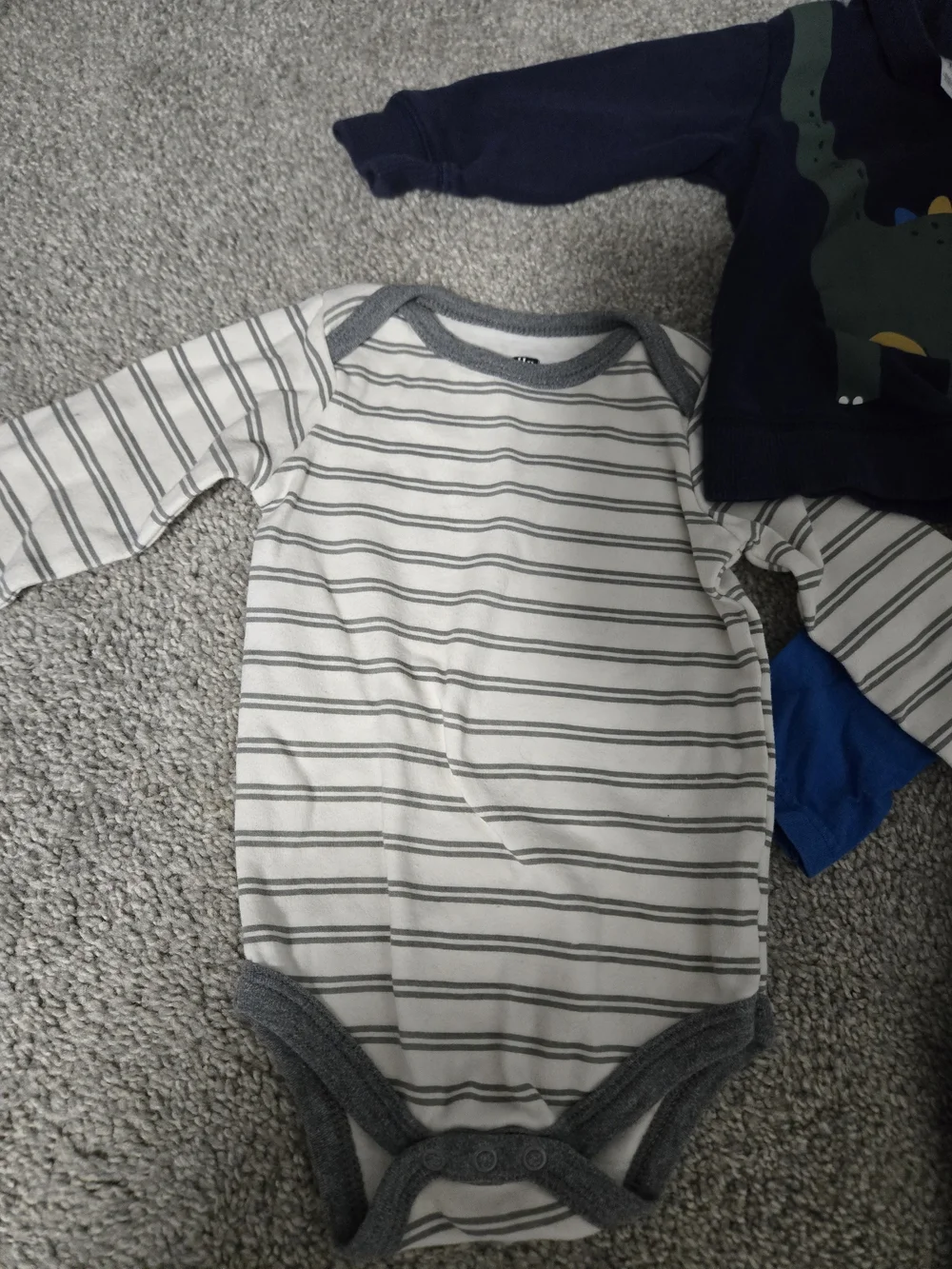 Bundle Of Baby Navy Dinosaur Hoodie, Striped One-Piece, Blue Milk Man Bodysuit